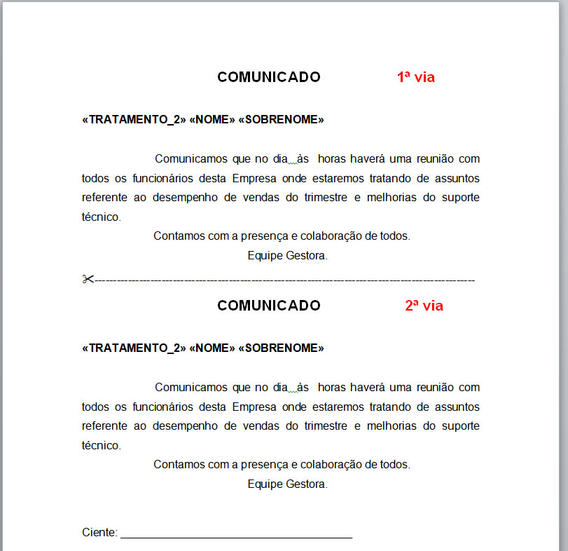 Modelo de Comunicado em duas vias Modelo de Comunicado em duas vias