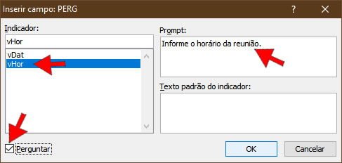 Inserir Campo Perguntar Inserir campo Perguntar