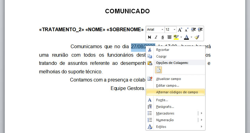 Alternar Código de Campo Alternar Código de Campo