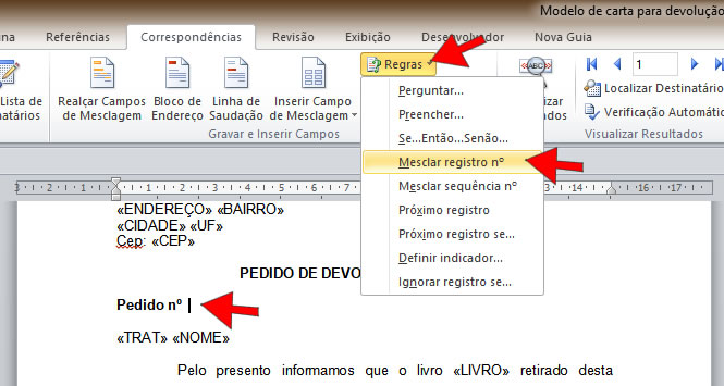 Inserir regra mesclar registro nº Inserir regra mesclar registro nº