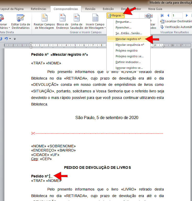 Inserir regra mesclar registro nº