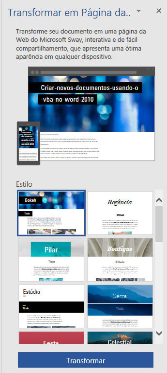 Janela Transformar em página da Web