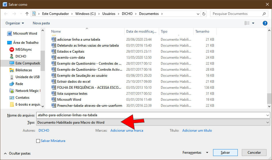 Salvar como Documento habilitado para macro do Word Salvar como Documento habilitado para macro do Word