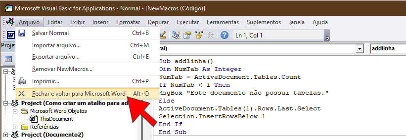 Fechar o Editor do Visual Basic