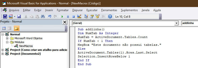 código da macro para adicionar linha na tabela
