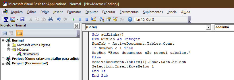 código da macro que adiciona linha em uma tabela código da macro para adicionar linha na tabela