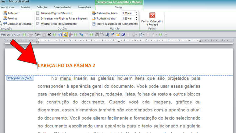 Cabeçalho diferente na segunda página Cabeçalho diferente na segunda página