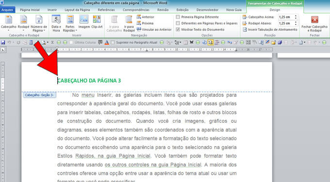 Cabeçalho diferente na página três Cabeçalho diferente na página três