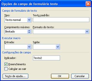 Opções de Campo de formulário texto Opções do campo de formulário texto