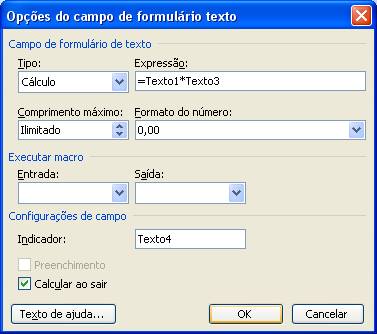 Opções de campo de formulário texto Opções do campo de formulário texto