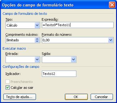 Opções do campo de formulário texto Opções do campo de formulário texto