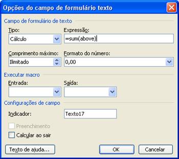 Opções do campo de formulário texto Opções do campo de formulário texto
