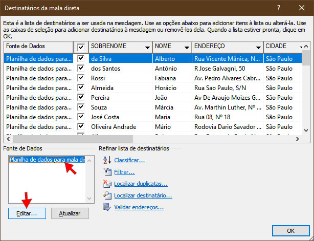 destinatários da mala direta