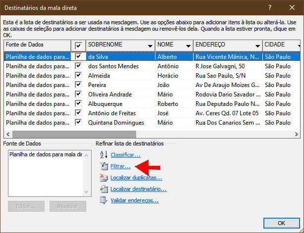 Filtrar dados de Mala direta Filtrar dados de Mala direta