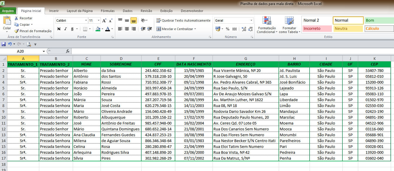 Planilha do Excel - Base de dados