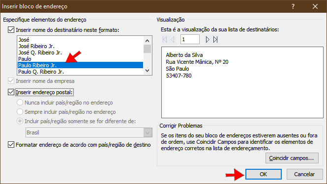 Inserir bloco de endereço Inserir bloco de endereço