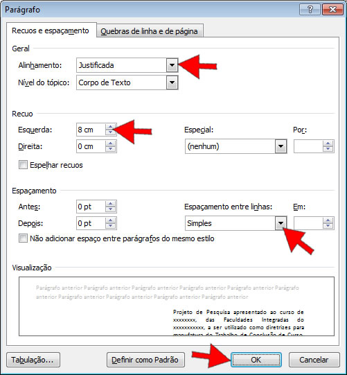 Formatação da natureza do trabalho na Folha de Rosto