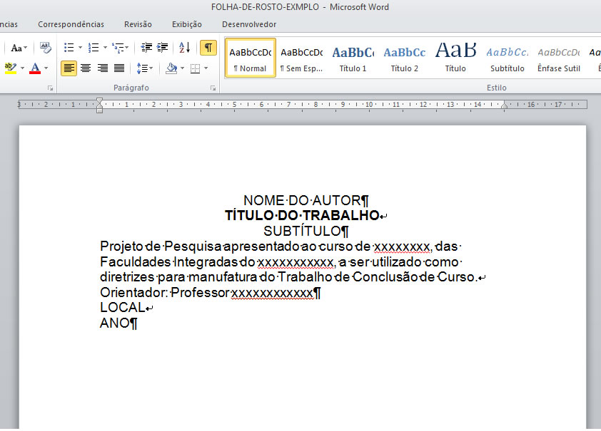 Autor e Título centralizados na Folha de Rosto Autor e Título centralizados na Folha de Rosto