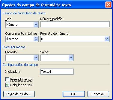 Opções do campo de formulário texto Opções do campo de formulário texto