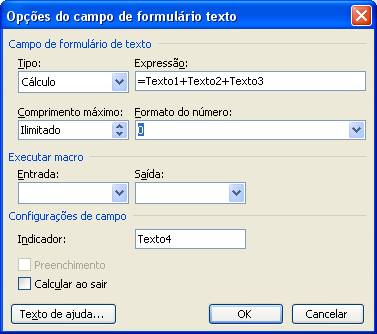Opções do campo de formulário texto Opções do campo de formulário texto