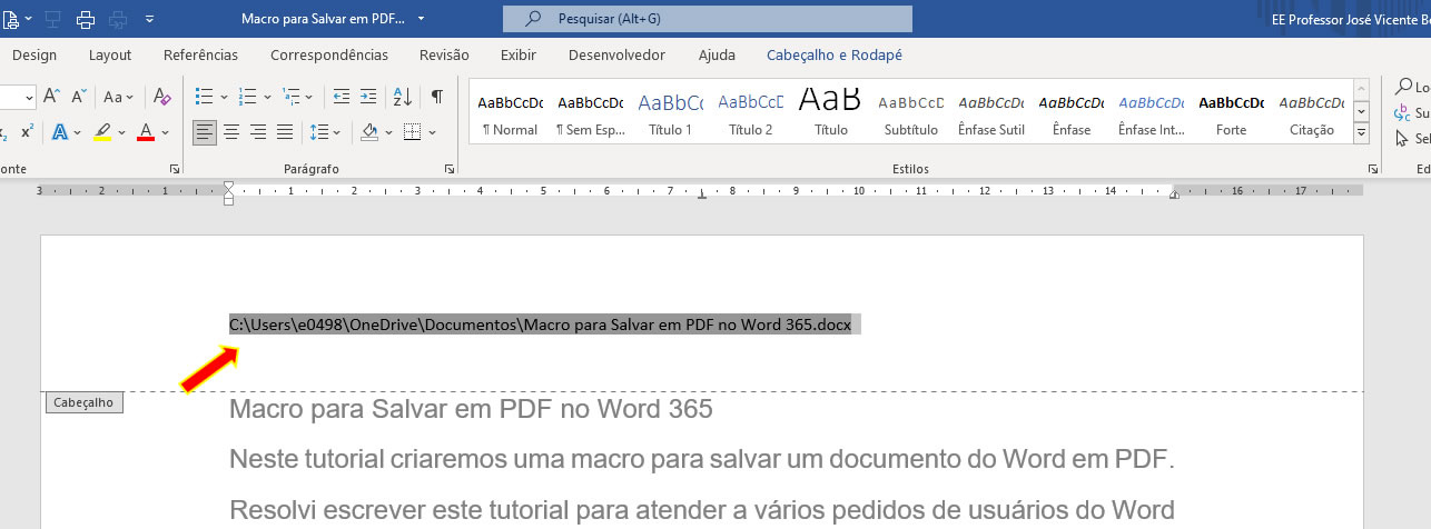 Nome e endereço do arquivo no cabeçalho Nome e endereço do arquivo no cabeçalho