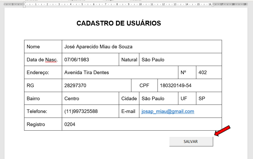 Formulário de Cadastro Tabela de Cadastro