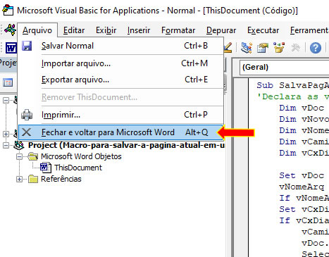 Fechar o Editor do Visual Basic