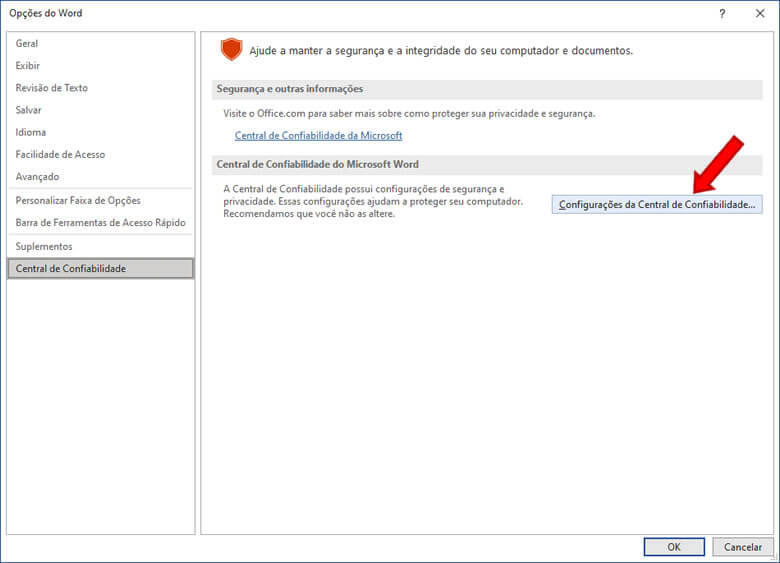 Configurações da Central de Confiabilidade Configurações da Central de Confiabilidade