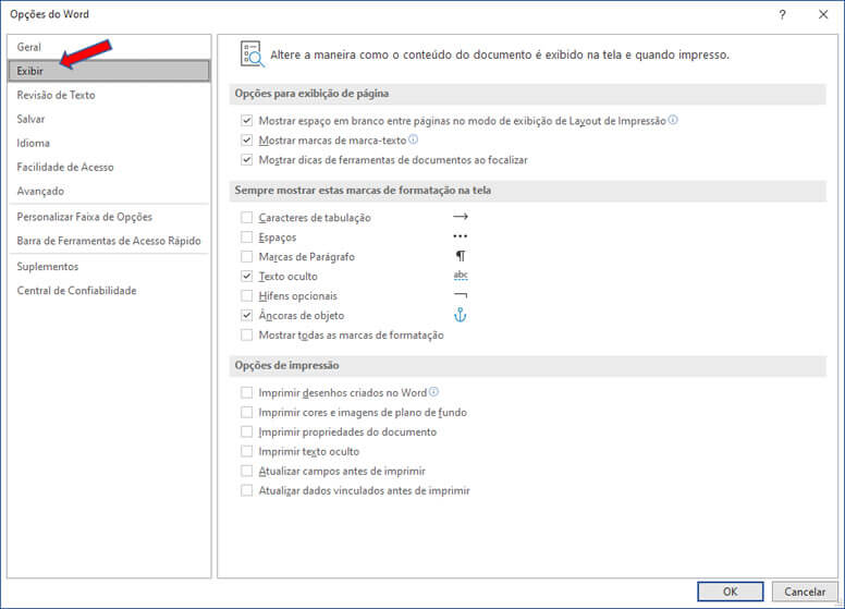 Opções do Word Exibir Opções do Word Exibir