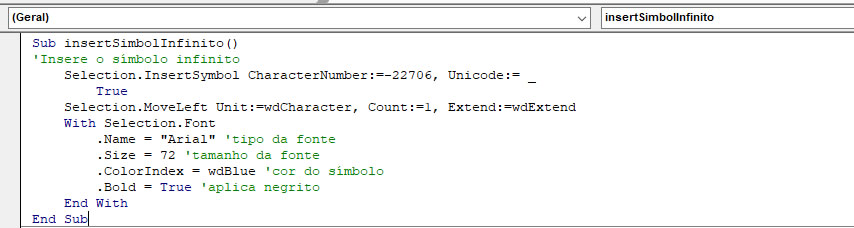 Código da Macro Código da Macro para gerar símbolod do infinito