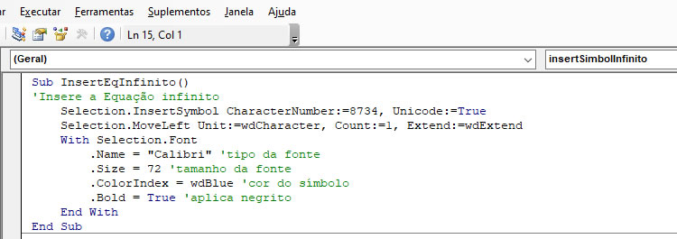 Macro para inserir símbolo infinito Código da Macro