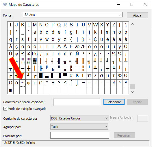 Buscar Infinito no Mapa de Caracteres Procurar Infinito no Mapa de Caracteres
