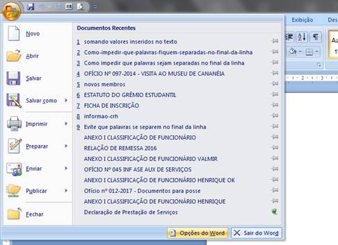 Opções do Word