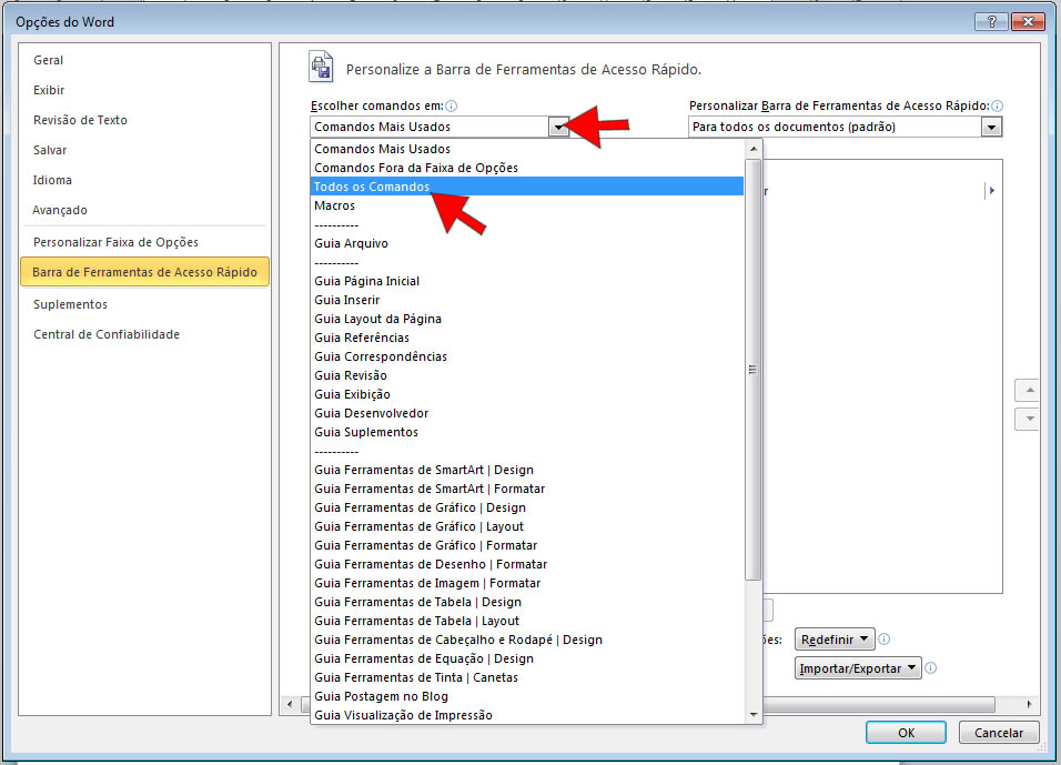Todos os Comandos do Word selecionar todos os comandos do Word
