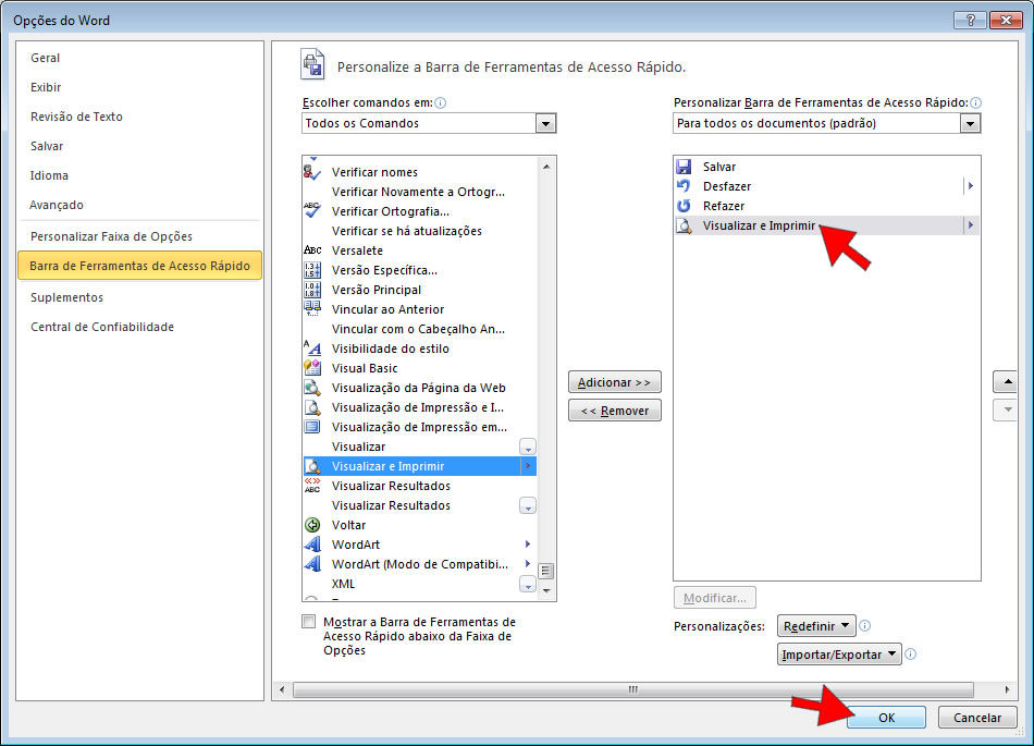 Visualizar e Imprimir na barra de ferramentas de acesso rápido