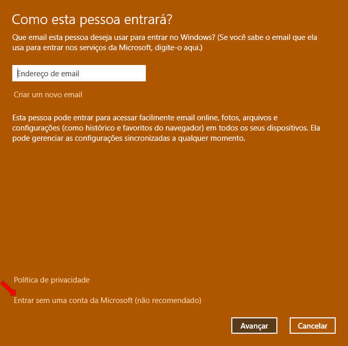 Entrar sem uma conta Microsoft