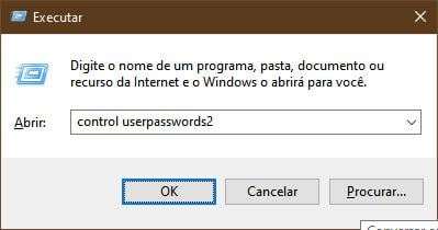 Executar Control Userpasswords2 Executar Control Userpasswords2