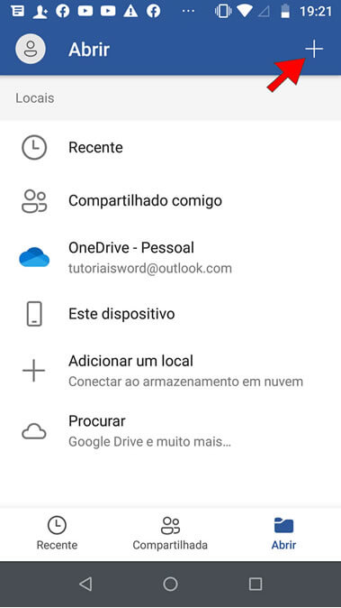 Clicar no sinal de mais Word Mobile Mais