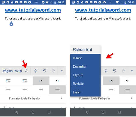 menu e ferramentas do word para celular